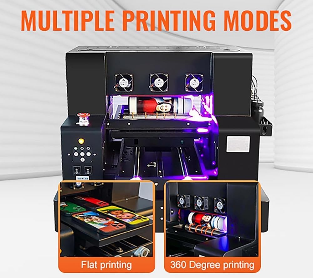 UV Drucker A3, uv Drucker Farbe mit Rotation Flachbett Inkjet UV Printer A3-L805 USB 1440 x 1440 DPI 220V C, M, Y, K, W, V für Flaschen/Papier/Telefon Fall/PVC/UVDTF/Acryl/Holz etc.(Ohne Tinte)