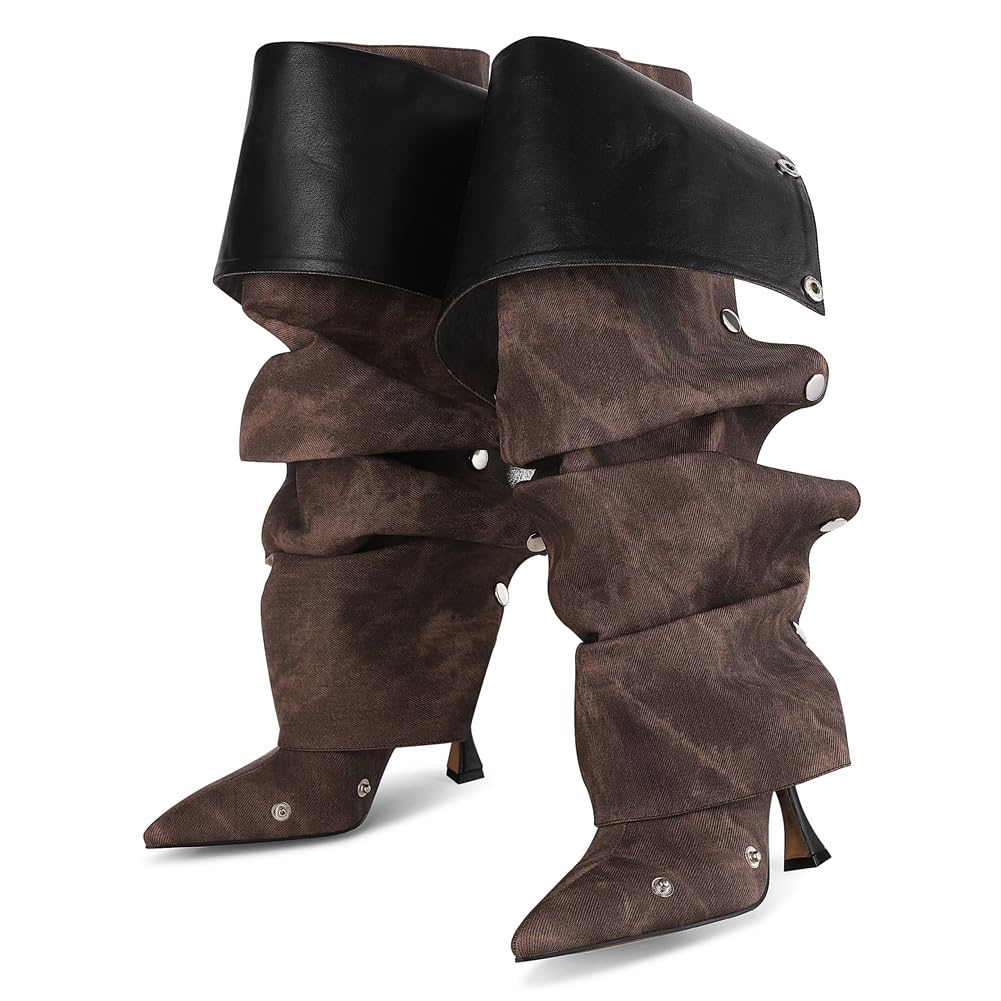 Eteridrey Fold Over Boots for Women Pointed Toe Knee High Boots Comfy Zipper Wide Calf Boots Stiletto High