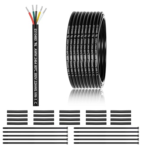 Cable eléctrico de calibre 22 y 5 conductores de 50 pies, UL 2464 22 AWG 5 cables de cobre estañado PVC trenzado de 225 núcleos para iluminación