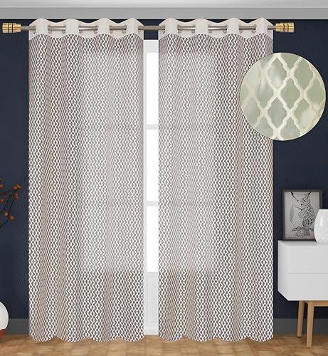 Image of Sheer Net Semi Transparent Home Decor Curtains for Living Room, Balcony Doors and Windows Panel, Parda, Eyelets Hanging, Cream, 4 x 6 Feet, Pack of 2