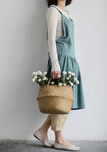 Miniatura 7 de NEWGEM Delantal de lino y algodón con espalda cruzada para mujer, con bolsillos para cocinar, pintura, color beige, sin lazos en la cintura