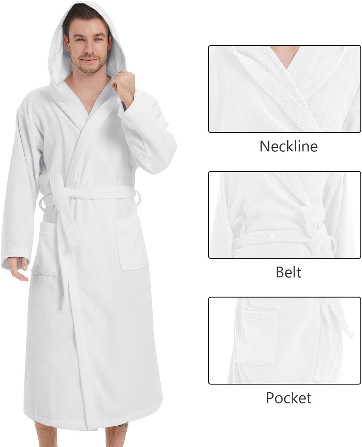 ZABER Men's Bathrobes with Hood, 100% Cotton Terry Bath Robe, Soft Long Shower Towel Robe for Men with Pockets