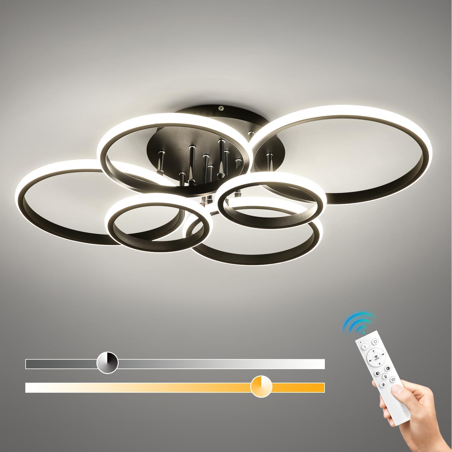 Dimmable 99W Modern LED Ceiling Light, 6 Rings Circle Ceiling Lamps with Remote Control, 3-Color Semi Flush Mount Light Fixtures, 3000K-6500K for Living Room Dining Room Bedroom Lighting Black- Round 99W