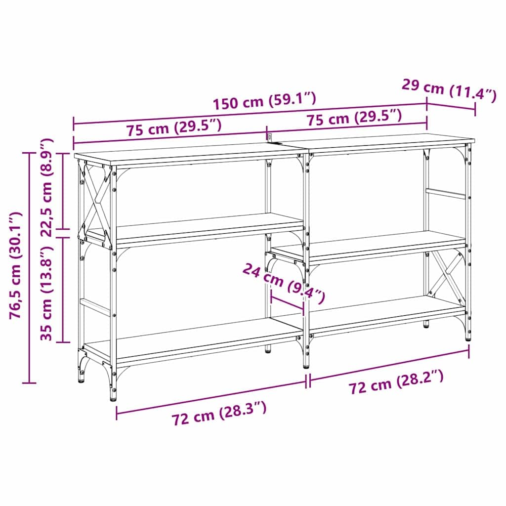 Tavolo consolle in legno anticato, 150 x 29 x 76,5 cm, con 3 ripiani, telaio in metallo, tavolino da tè per soggiorno, corridoio, ufficio, spazio per riporre oggetti