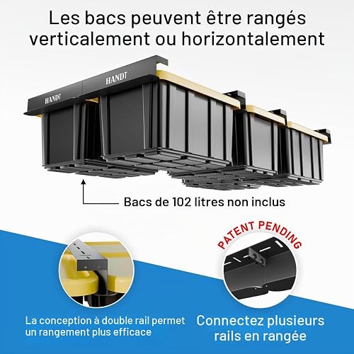 HANDT Étagère de rangement pour garage, rails de plafond en métal robuste connectables pour système d'organisation de rangement de garage (noir, 6 bacs) - 2