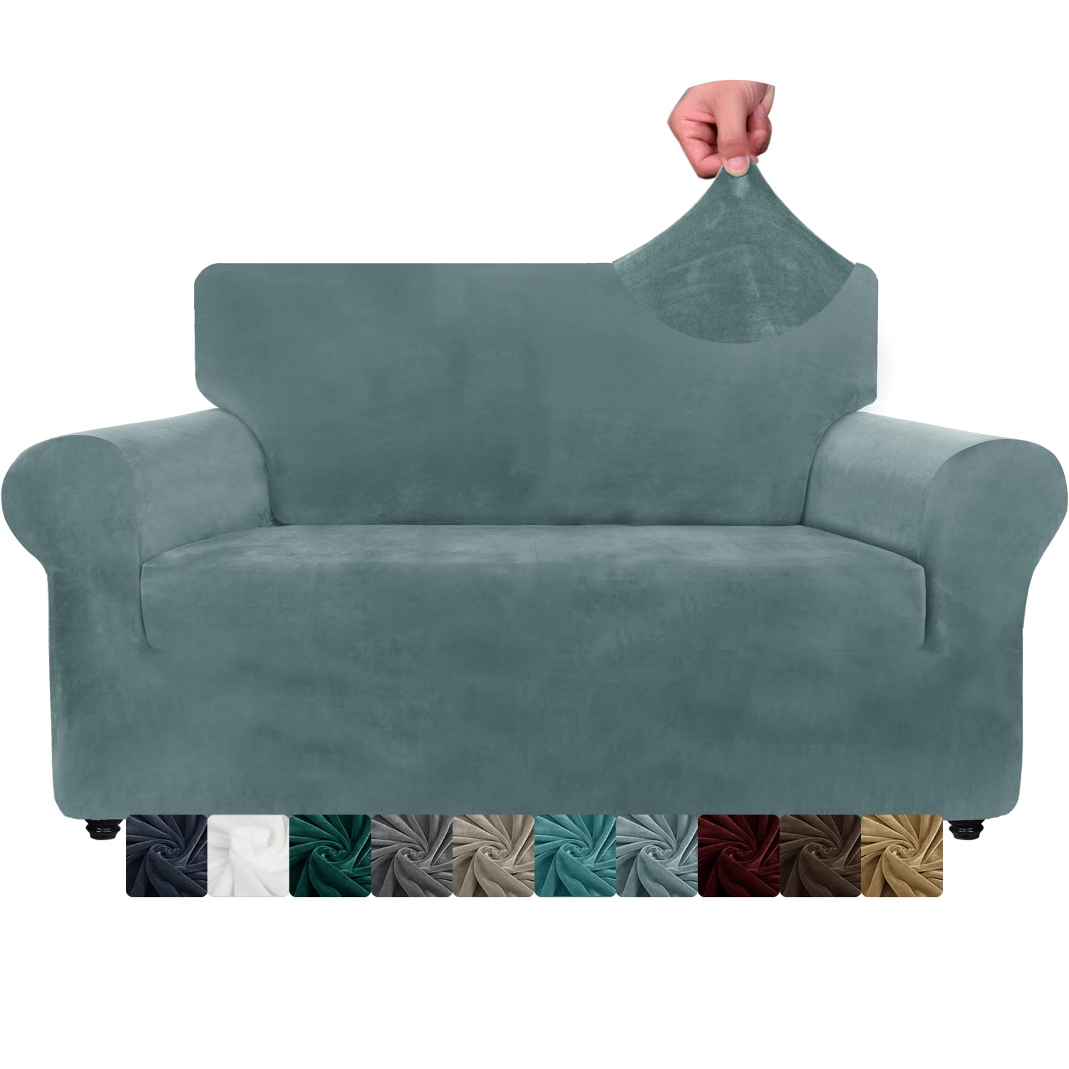 CHELZEN Velvet Couch Covers 2 Seater Thick Stretch Sofa Covers for Dogs Pets Non-Slip Love Seat Couch Slipcover Washable Furniture Protector for Living Room (2 Seater, Dusty Blue) โ image 1