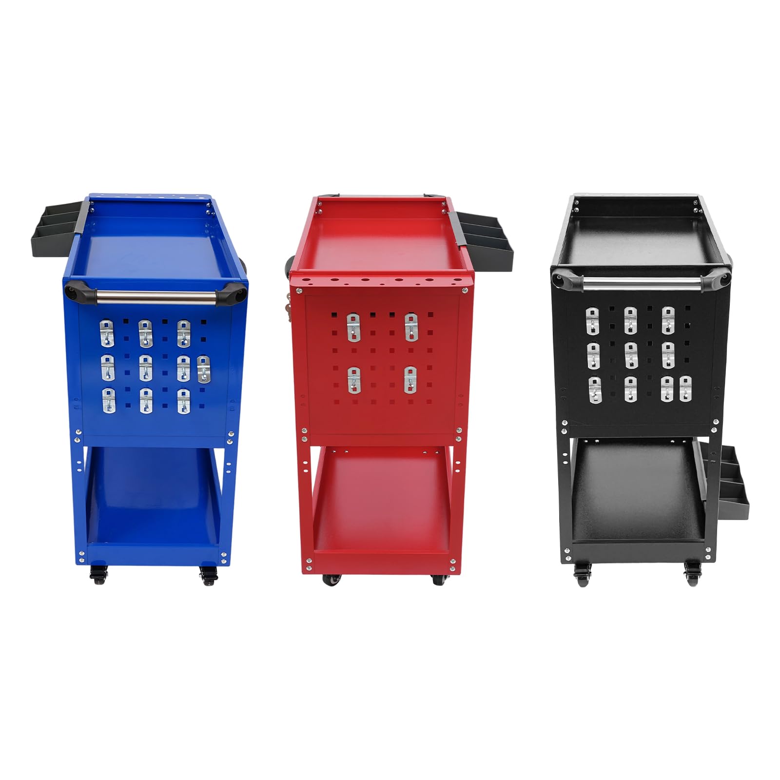 Carro de herramientas con ruedas con 3 superficies de carga y cajón, carro de taller multifuncional con pegboard, carrito de servicio (azul)
