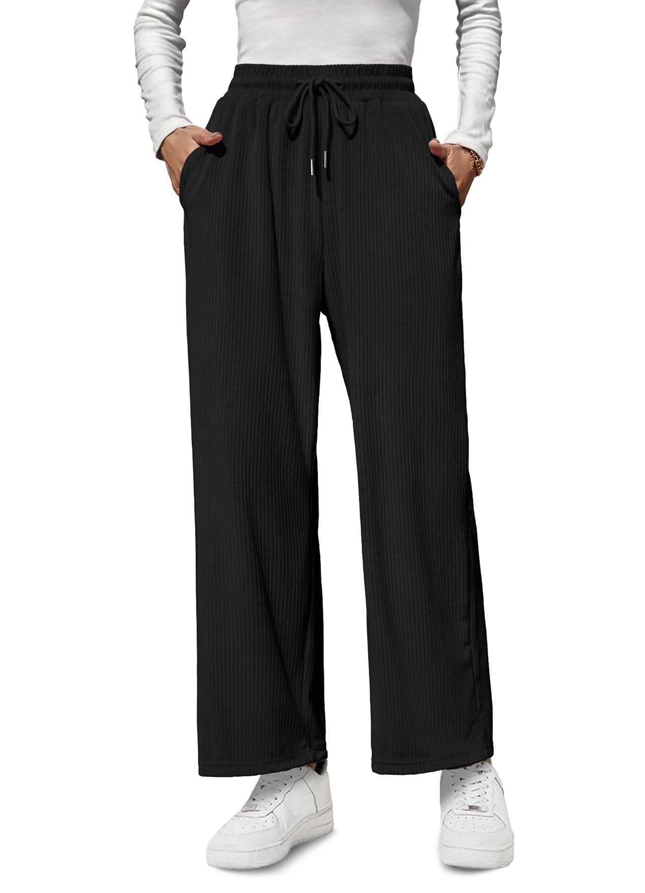 Womens Wide Leg Casual Pants with Pocket High Waisted Adjustable Knot Loose Trousers