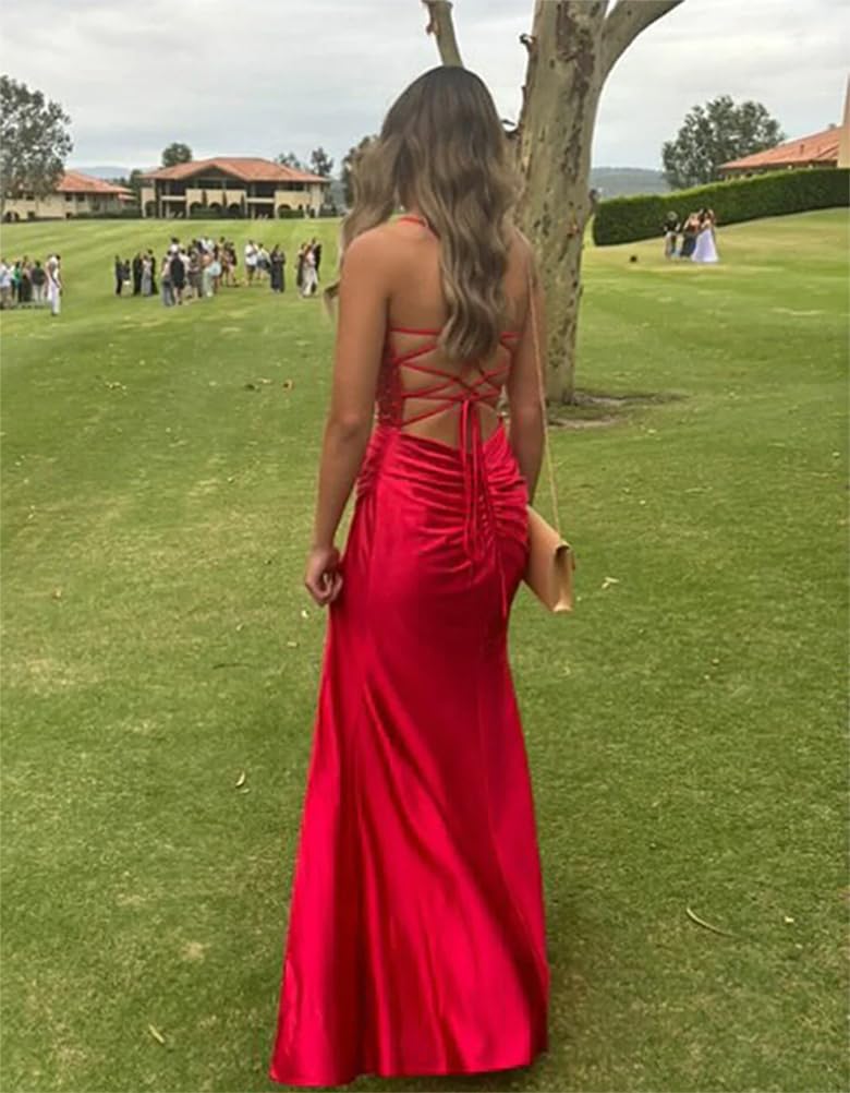 Fanciest Spaghetti Straps Mermaid Prom Dresses with Slit Pleated Satin Formal Evening Gowns