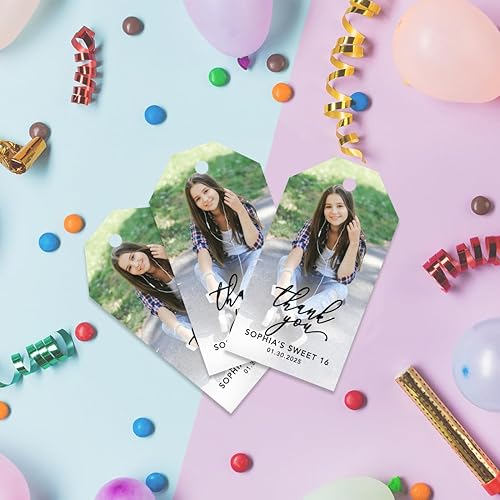 Miniatura 2 de Andaz Press Paquete de 60 etiquetas personalizadas con texto en inglés Sweet 16 con cuerda, etiquetas clásicas de regalo de agradecimiento con foto
