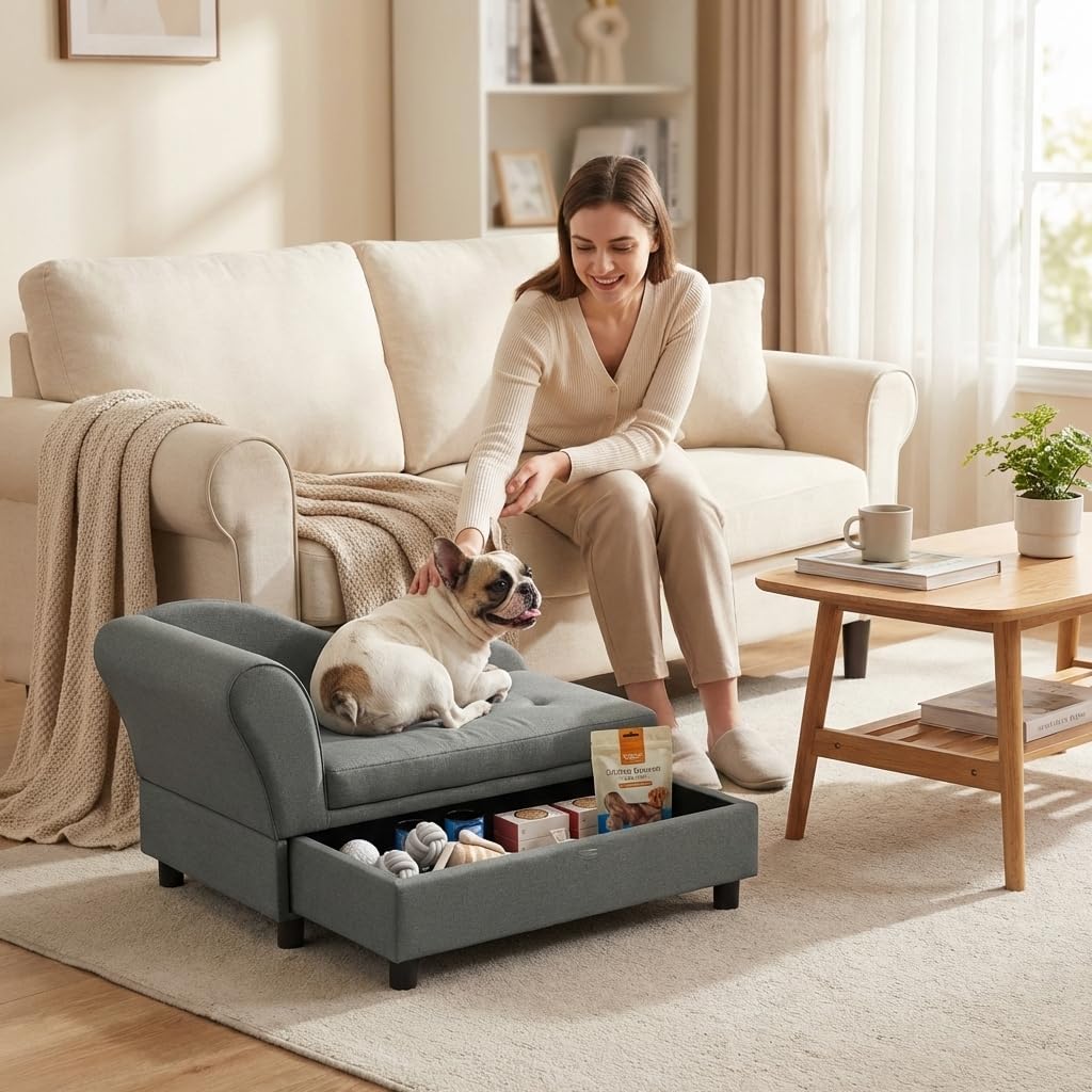 Pet Sofa Dog Sofa for Small Dogs with pet Couch Storage, Dog Sofa Gray, Plush Cushioned Pet Bed with Hidden Compartment, Cozy Indoor Furniture for Puppies and Cats, Soft Fabric pet