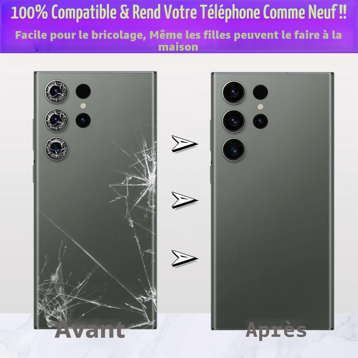 LUVSS Vitre Arrière pour Samsung Galaxy S23 Ultra SM-S918B/DS Noir Coque Cache Batterie avec Lentille de Caméra, Adhésifs, Kit Outils, Guide De Réparation