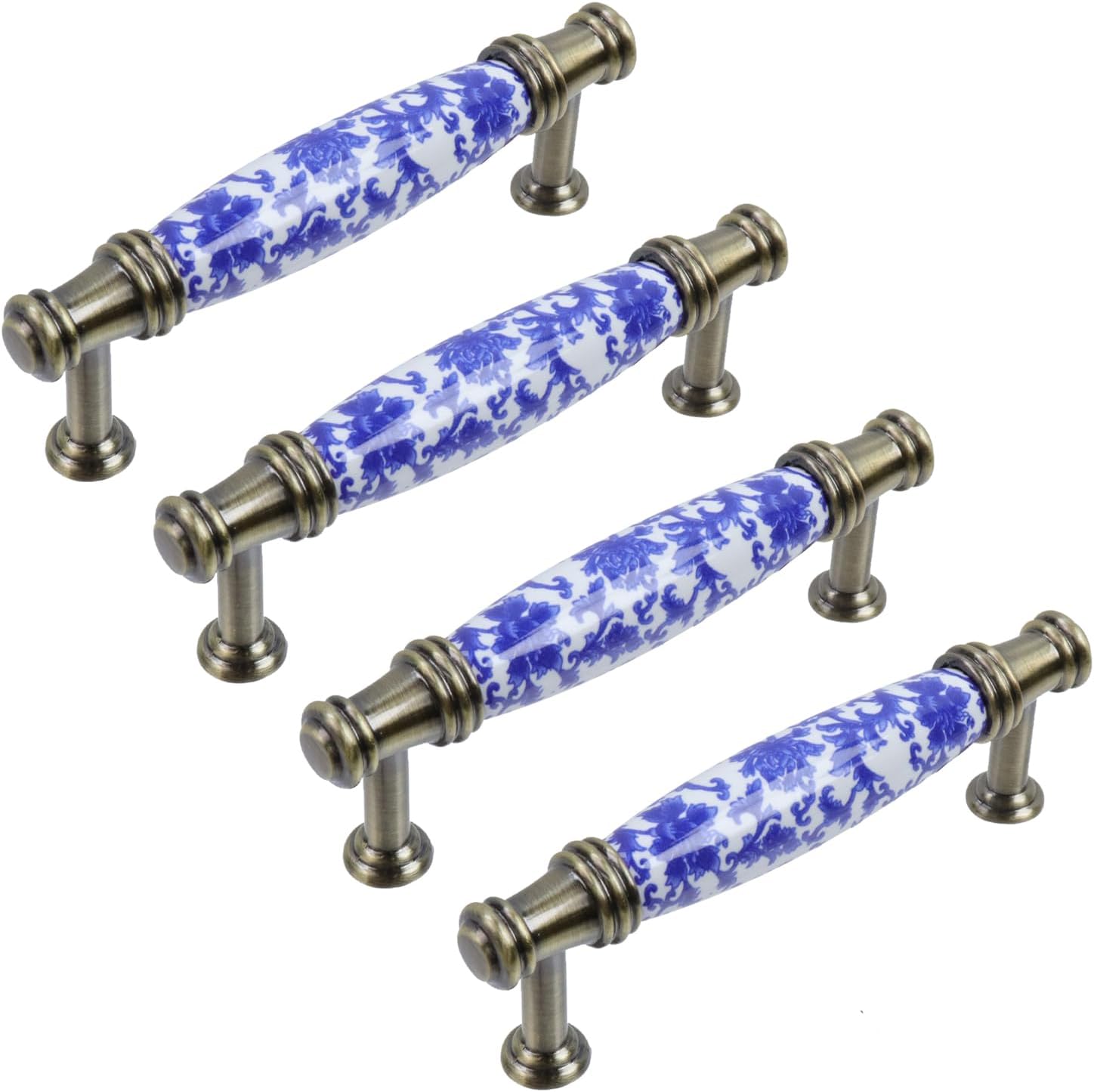 MY MIRONEY 3.78" Hole Center Ceramic Cabinet Pulls Blue&White Cabinet Door Handle 4 PCS Easy Install Kitchen Study-room Dresser Drawer Handles Screws Included