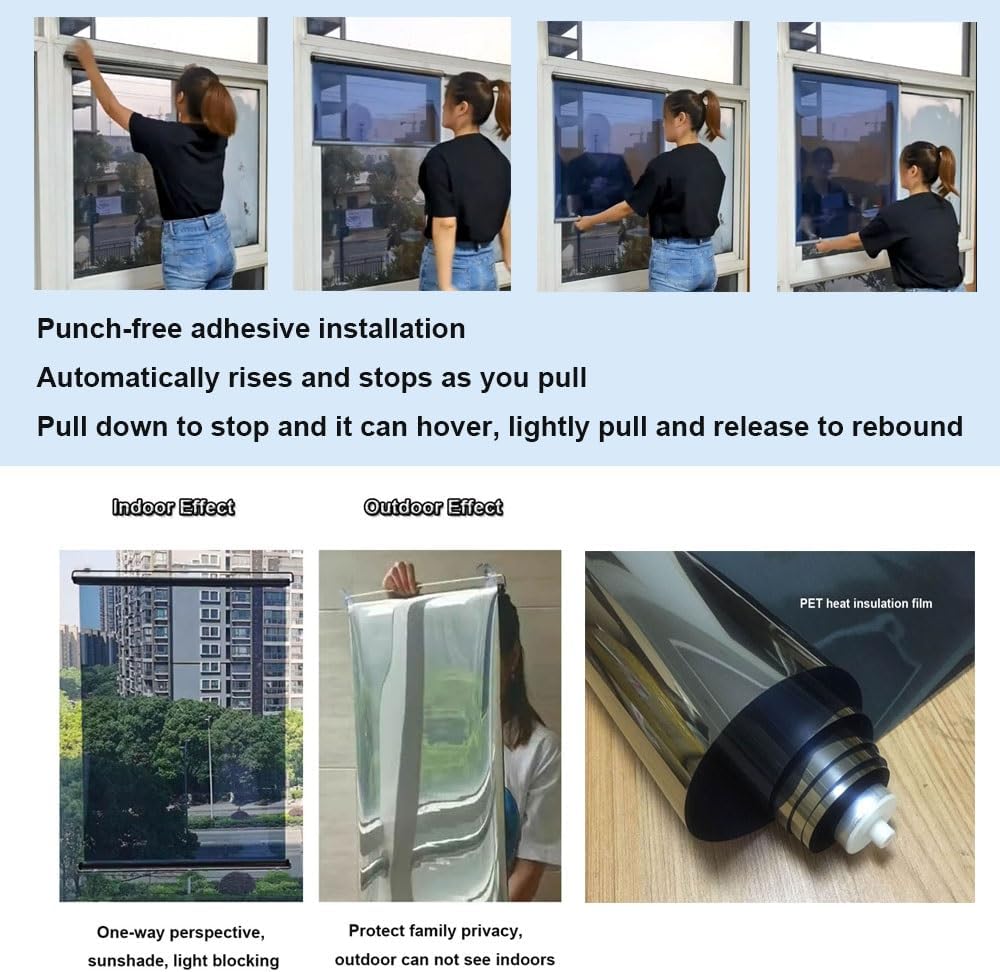 Roller Shade One-Way Mirror Roller Shades Blinds with Adhesive Hooks No Drill Curtains Roll Up Shade Clear Sun Protection Shade for Glass Door Window(Blue,W 12.6X H 59in)
