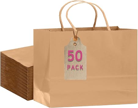 qiqee 50-Packs Brown Paper Gift Bags with Handles Bulk 12.6"x4.3"x10" Wide Large Size Party Favor Bags Multiple Uses