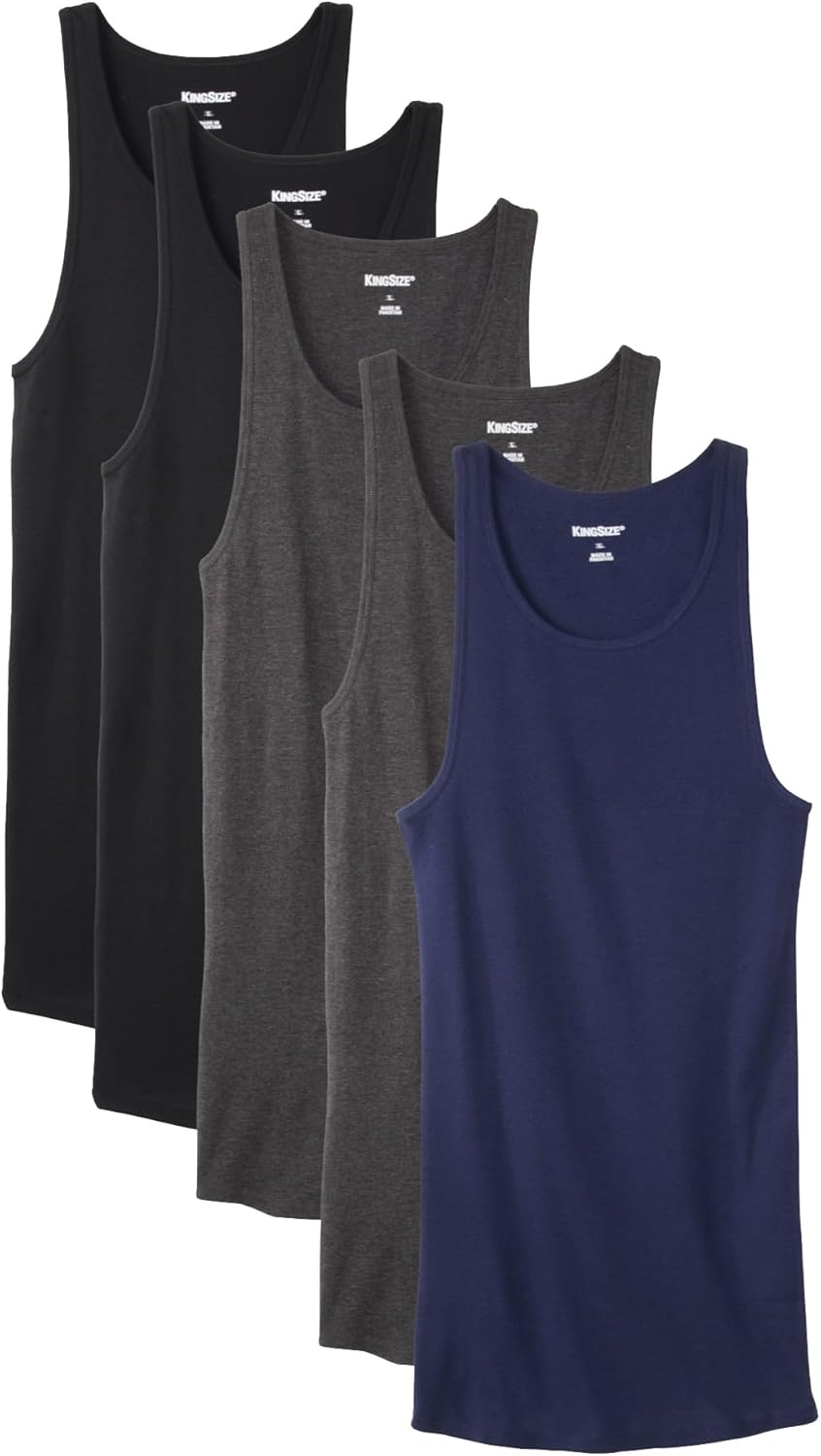 KingSize Men's Big & Tall 5-Pack Ribbed Cotton Tank Undershirt - XL, Assorted Basic