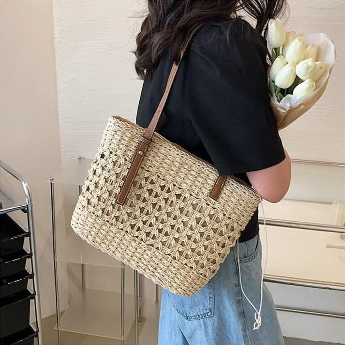 Bolso Paja Mujer Verano Bolsos De Paja De Verano, Bolso Tejido para Mujer, Bolsos Femeninos, Bolso De Hombro Bolso de Playa(Color:B)