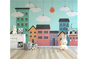 Cartoon City Nursery Wallpaper: Peel and Stick Clouds and Sun Wall Mural for Kids