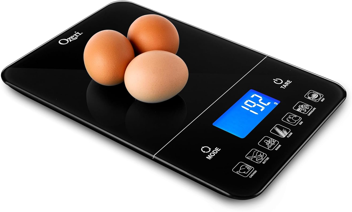 Ozeri ZK19 scale with three eggs on the weighing platform, displaying '192 g'.