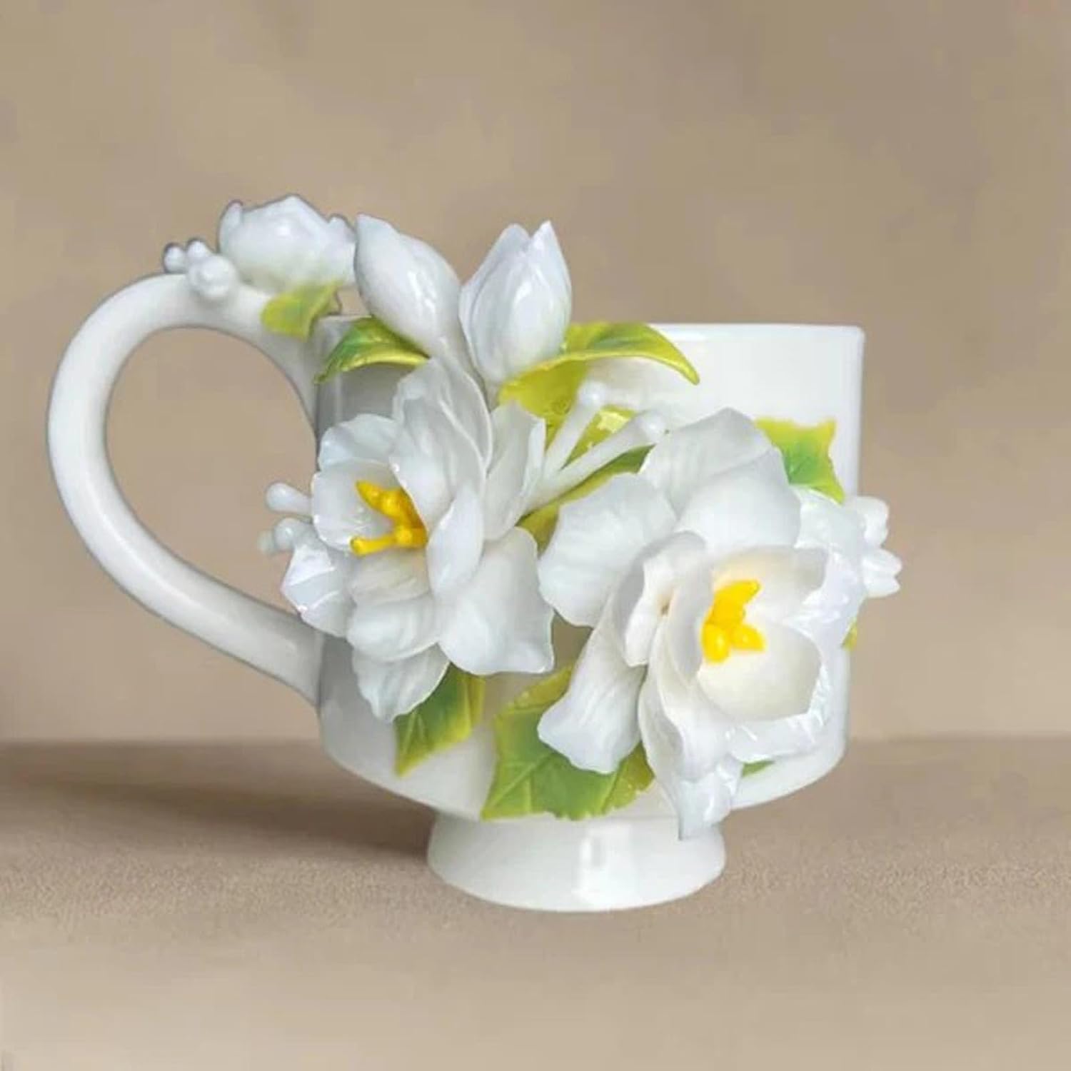 Handmade 3D Flower Ceramic Mug, Handcrafted Porcelain Coffee Cup with Relief Floral Design, Artistic Tea for Home Decor, Birthday Gift for Women, Lovers(White)