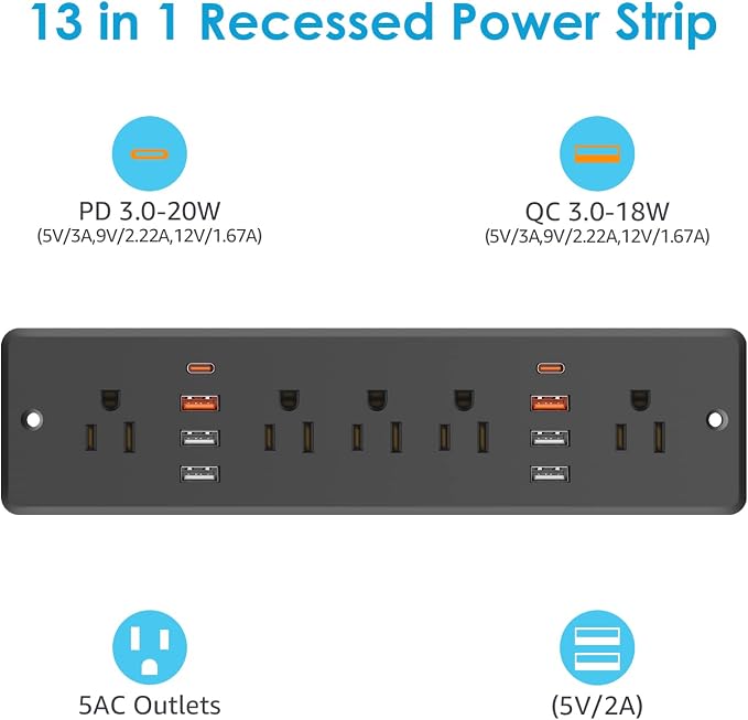 Regleta de alimentación empotrable HHSOET 13 en 1 con enchufe plano, USB, negro, cable de 6 pies | Toma de corriente para muebles con protección contra sobretensiones, 5 tomas CA y 6 puertos USB-A + 2 USB-C miniatura 2