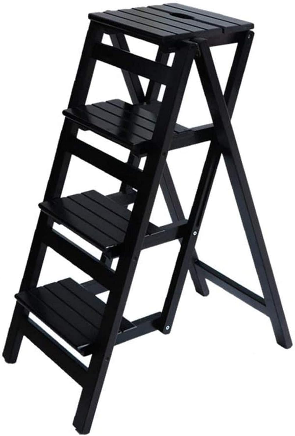 Folding Wooden Ladder Stool - Solid Wood Multifunctional Library Steps - White & Natural Wood Color Shelving Ladder for Kitchen & Office Use - 4-Chair