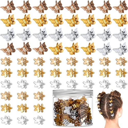 Juinte 100 Pcs Mini Butterfly Hair Clips Colorful Flower Small Set, Pastel Claw 90s Cute Clip with Box for Women Girls Kids Accessories (Metallic Colors), 1.0 Count