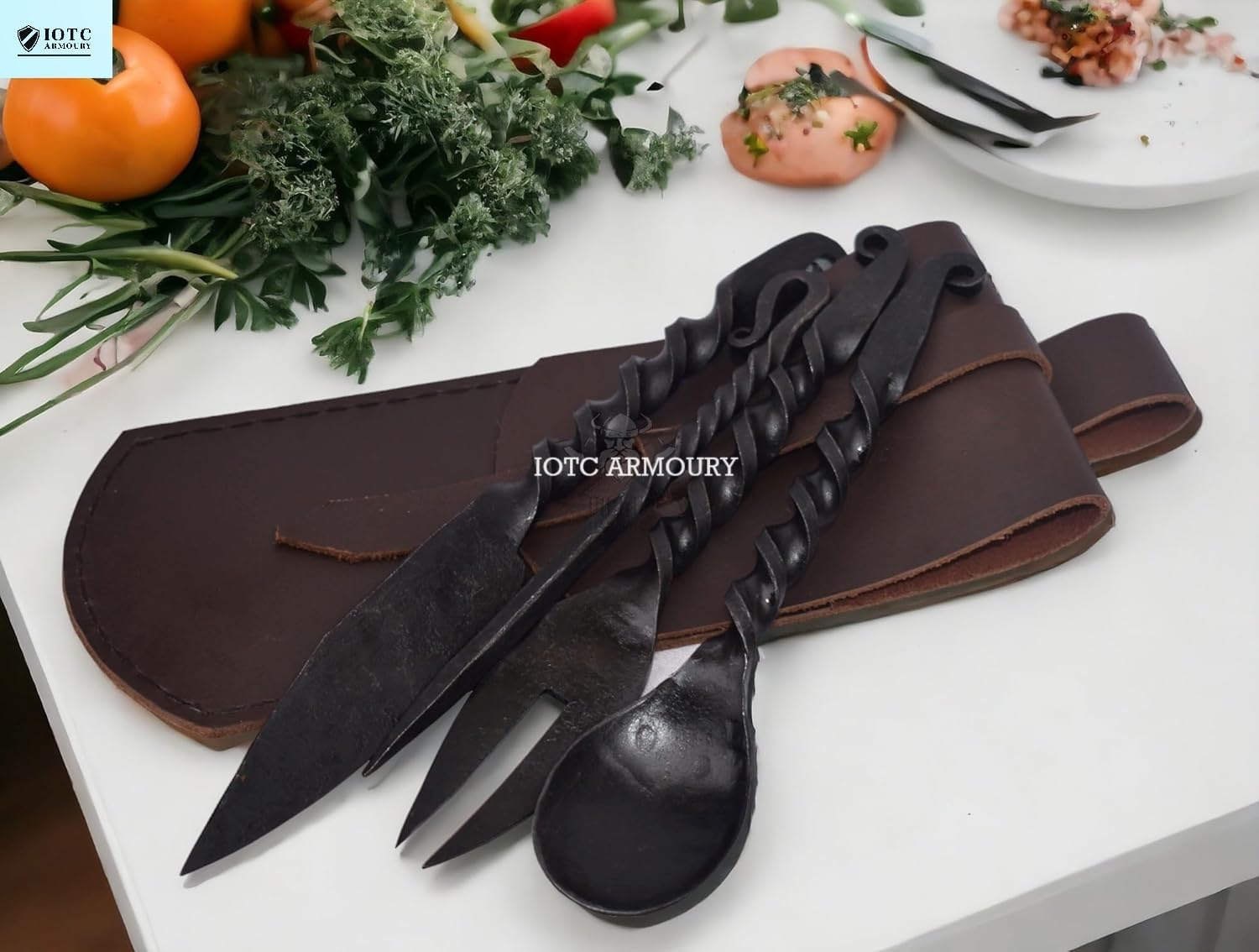 Hand-Forged Medieval Twisted Dining Hall Eating Feasting Utensils set of 4 Piece Functional Fork Knife Spoon and Food Stick Medieval Eating Set