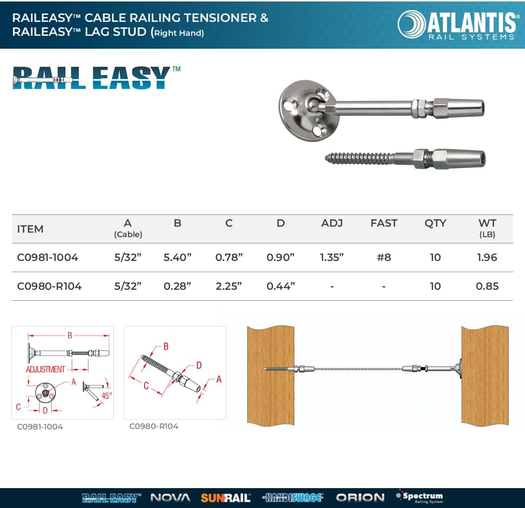 Atlantis RailEasy Cable Railing Kit (5/32") - Includes C0981-1004 Tensioner & C0980-R104 Lag Stud - 316L Marine Grade Stainless Steel (10-Pack Each)