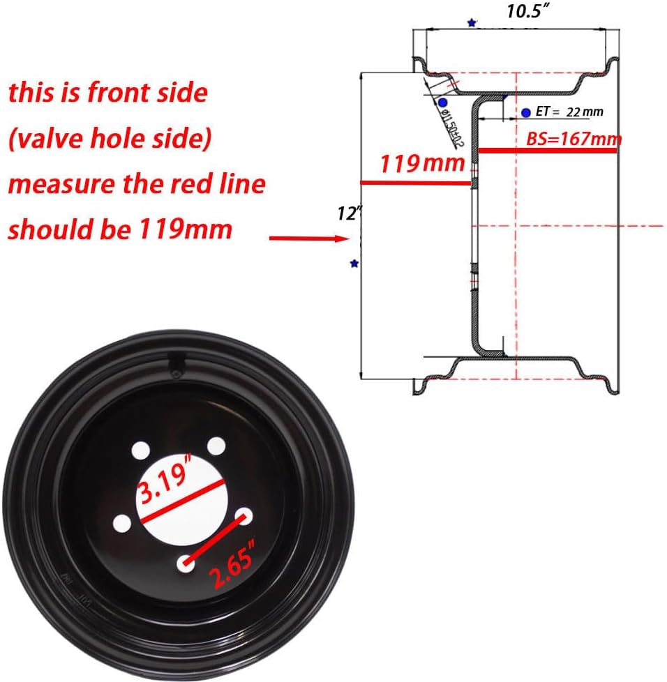 ATV RTV Mower Rim 12x10.5 WHEEL RIM 5/4.5 for Zero Turn Riding Garden Lawn Mower Compact Tractors 12 x 10.5 Rim 5 Lugs Bolt Circle 4.5 inch,backspace 6 inch