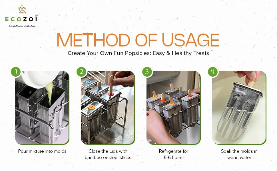 Miniatura 5 de ecozoi Moldes de Paletas de Acero Inoxidable y Estante - 10 Moldeadores de Paletas de Hielo Cuadrados + 50 Palitos de Bambú Reutilizables + 20