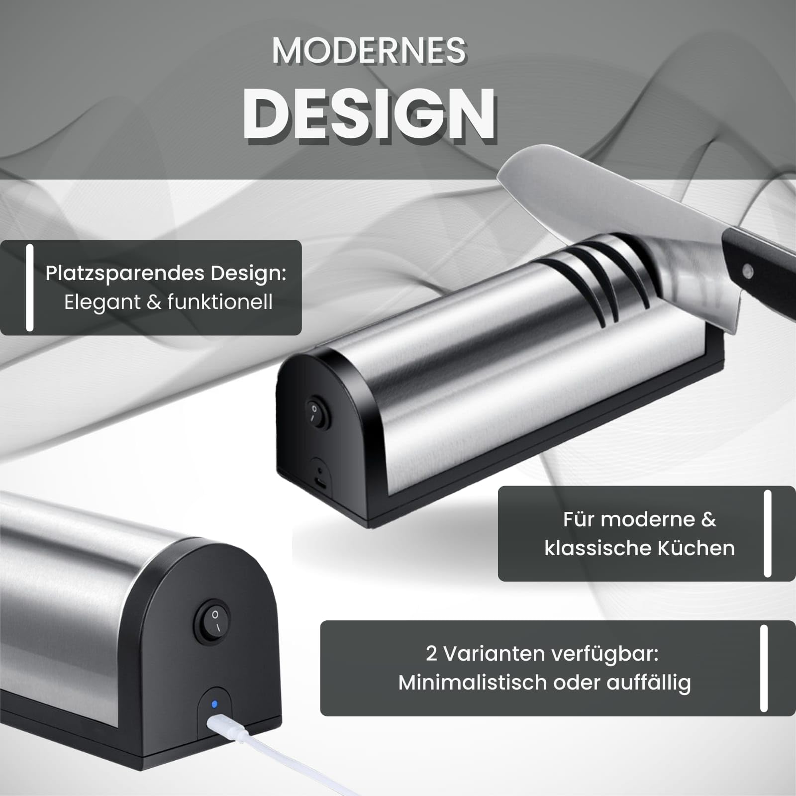 Elektrischer USB Messerschärfer - Diamant Messerschleifer für Grob- & Feinschliff - Sicher & effizient mit 3-Stufen Schärfsystem für Messer & Scheren - Modell 1
