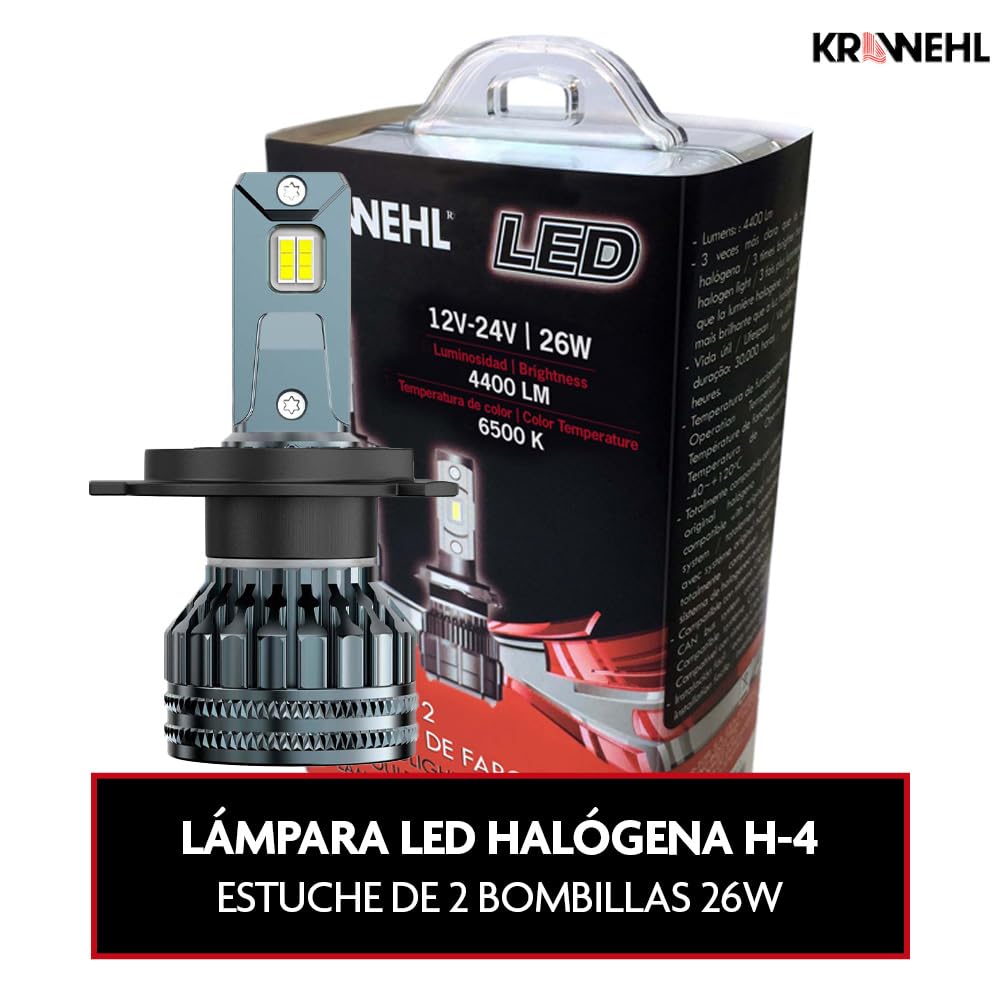 KRAWEHL - Estuche 2 Bombillas de Faro LED Halógenas H-4 - Luz Brillante y Blanca - 12/24 V - 100% Homologada - Bombilla para Coche, Moto y Camión - Luces de Carretera, Cruce, Antiniebla o Diurna