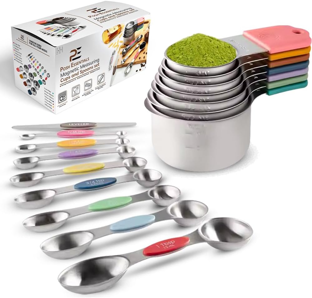 15 PCS Magnetic Measuring Spoons & Cups Set - 18/8 Food Grade Stainless Steel, Double Sided, Dishwasher Safe - Easy Read & Stackable for Effortless Storage