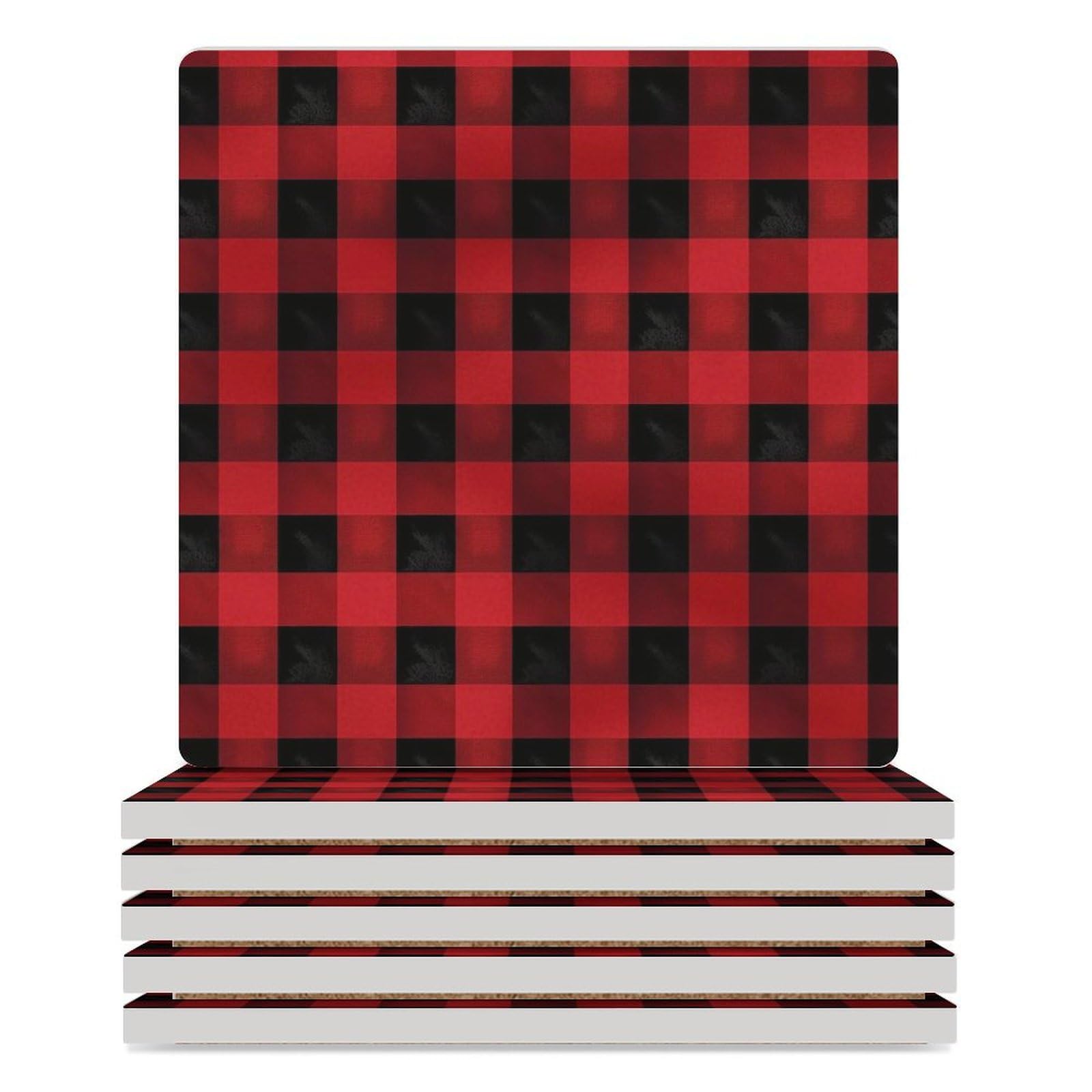 Posavasos para decoración de mesa, juego de 6 posavasos para mesa de centro, reutilizables, color rojo y negro, diseño a cuadros, para mesa de comedor y sala de estar
