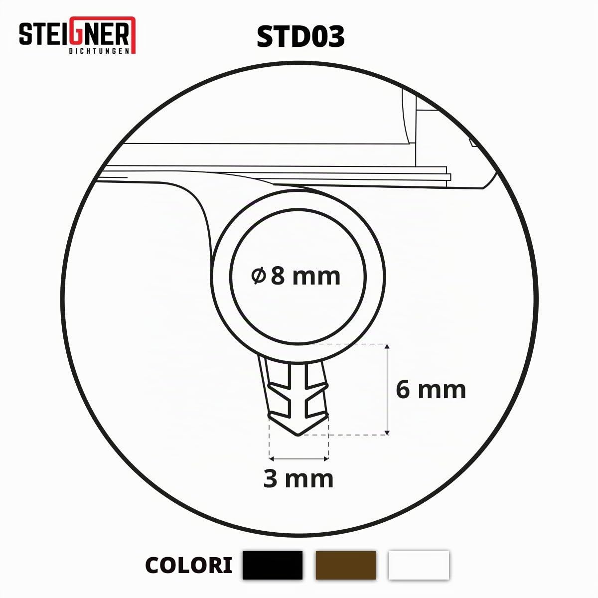 STEIGNER Guarnizione per Porta Finestra STD03 5 m 8 mm Marrone Guarnizione in Gomma Profilo per porte e finestre in Legno PVC Alluminio