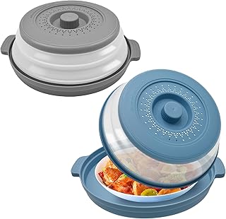Yiomxhi 2 Pièces Couvercle pour Micro Onde avec Plateau, 2 en 1 Pliable Cloche Micro Onde Alimentaire Prévention Eclaboussures, Passoire Cuisine pour Fruits et Légume, Gris & Bleu