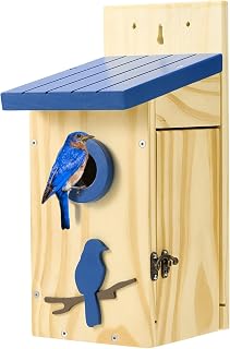 Kingsyard Blue Bird House for Outdoors - Classic Cedar Wooden Bluebird House Durable Wall-Mounted Birdhouse with Predator Guard for Bluebirds Titmice Chickadees Nesting Birds, Royal Blue