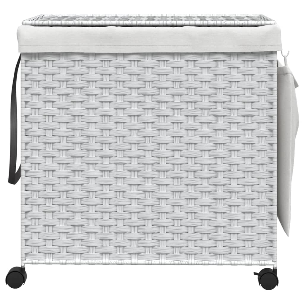 Kosz na pranie z rolkami, biały, 60 x 35 x 60,5 cm, rattan, 3 półki na pranie i kosz na pranie, z pokrywką, uchwytem, workiem wewnętrznym i hamulcem do pralni