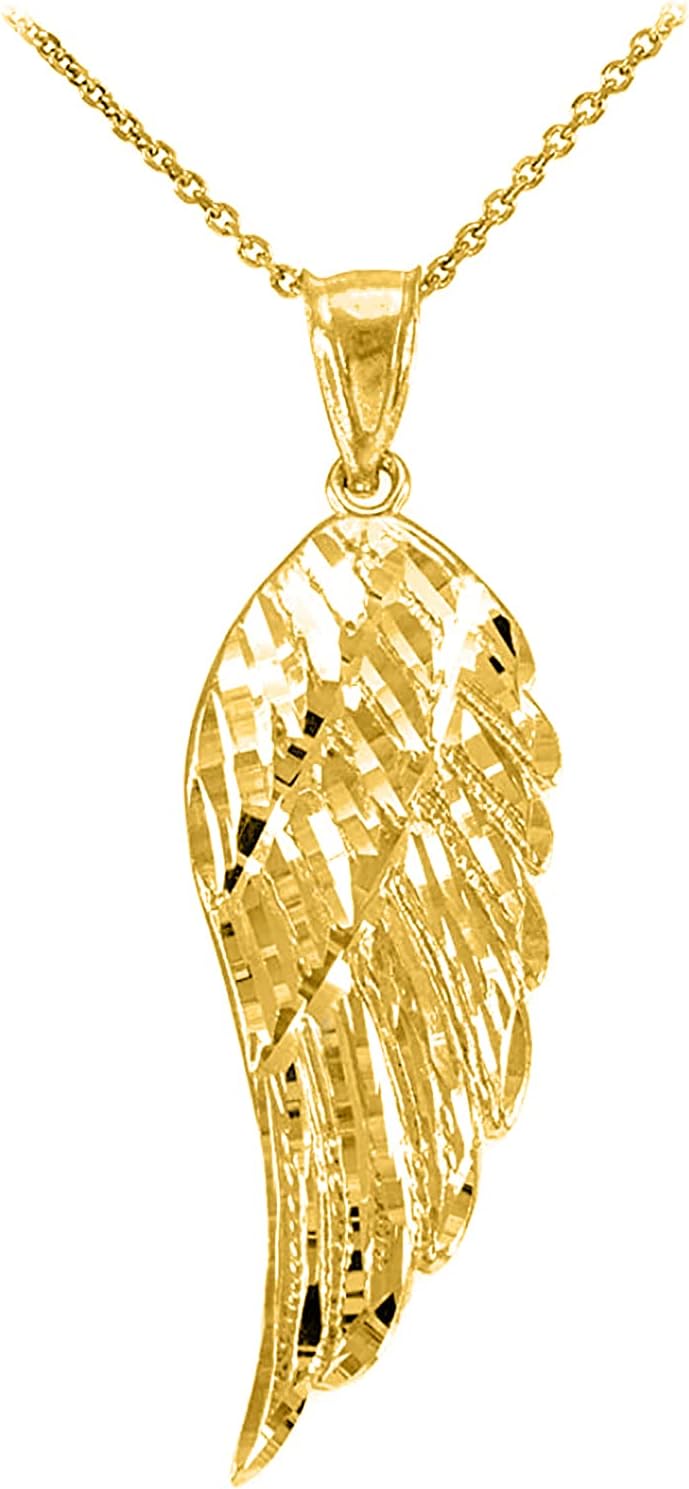 Claddagh GoldReligious Jewelry 14K Yellow Gold Dangling 1-1/5" Angel Wing Charm Pendant Necklace with Rolo Chain - Your Choice of Chain Lengths