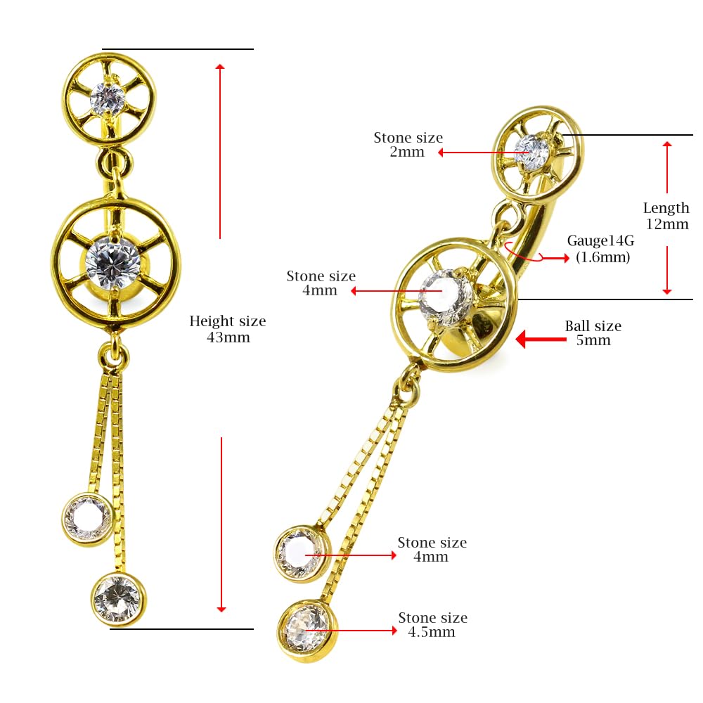 Piercing para ombligo de oro amarillo macizo de 14 quilates con doble rueda y cadena colgante, joyería para ombligo de 14 quilates, calibre 14, 14 Gauge - 12mm Length, Circonia cúbica,
