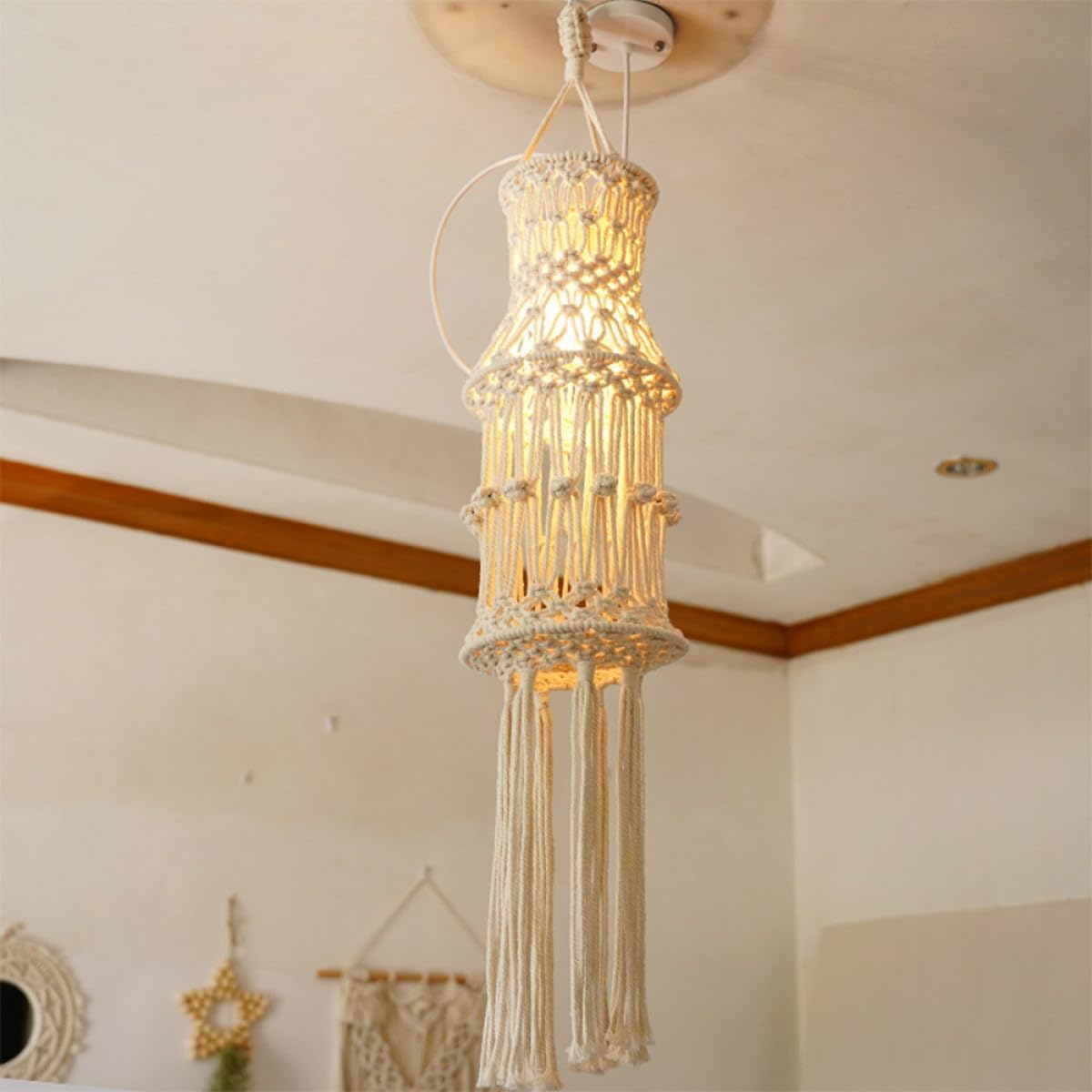 BESPORTBLE Macrame Lamp Shade Cotton Rope Woven Pendant Light Cover Bohemian Style Household Ceiling Fixture Shade for Indoor Home Decor and Wedding Decoration