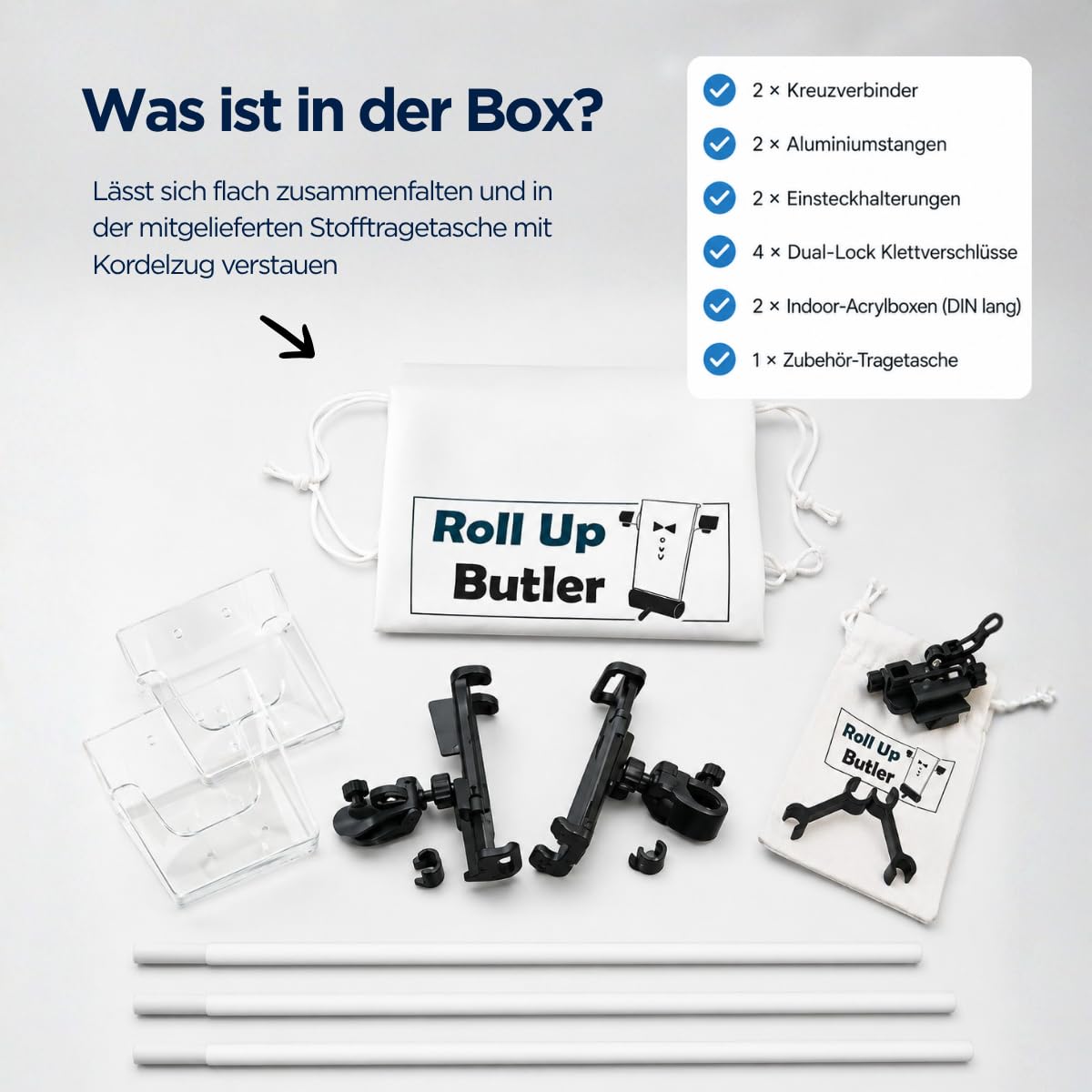 Flyerhalter mit 2 DIN-lang Akrylboxen für Roll-Up – Prospekthalter für Flyer, Broschüren & Tablets – für Messe, POS & Verkauf (Breiter Flyerhalter für Roll-Ups)