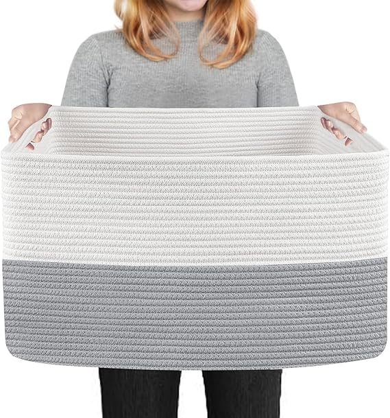 Large Storage Basket 20" X 15" inch Rectangle Woven Cotton Rope Basket Dirty Clothes storage Basket for Laundry And Living Room (Grey White)-image-21