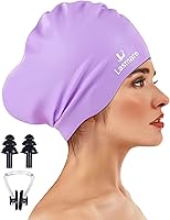 Vista 10 de Large Long Hair Swim Cap with Extra Room for Women Men, Silicone Swimming Cap for Long Thick Hair with Ear Plugs Nose Clip Set, Adult Waterproof