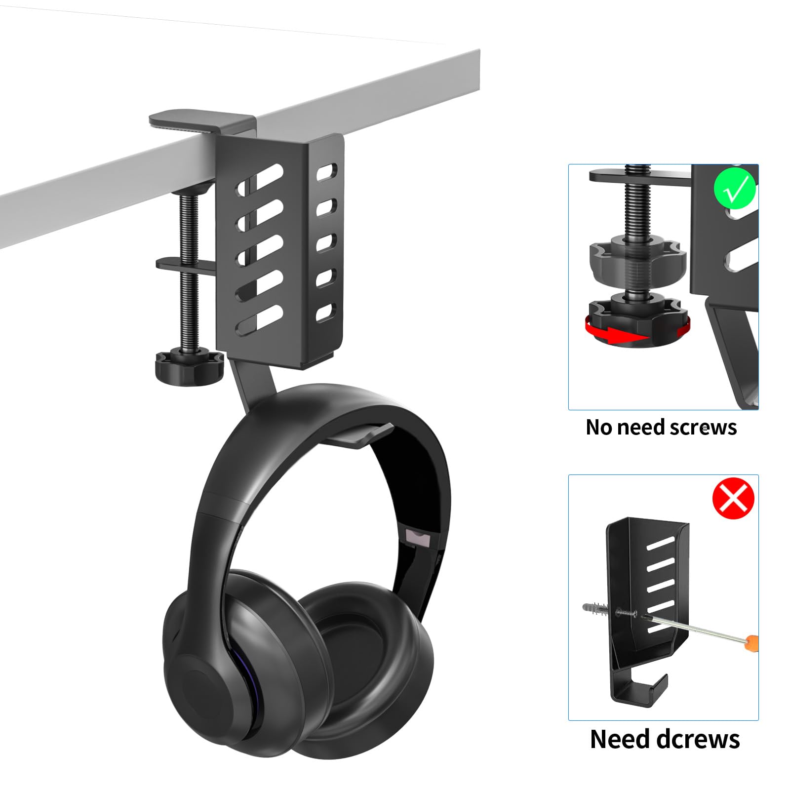 Organizer laterale da scrivania, larghezza regolabile, senza trapano sotto la scrivania, supporto per laptop, con morsetto per cuffie, organizer da scrivania per laptop, tastiere, cuffie