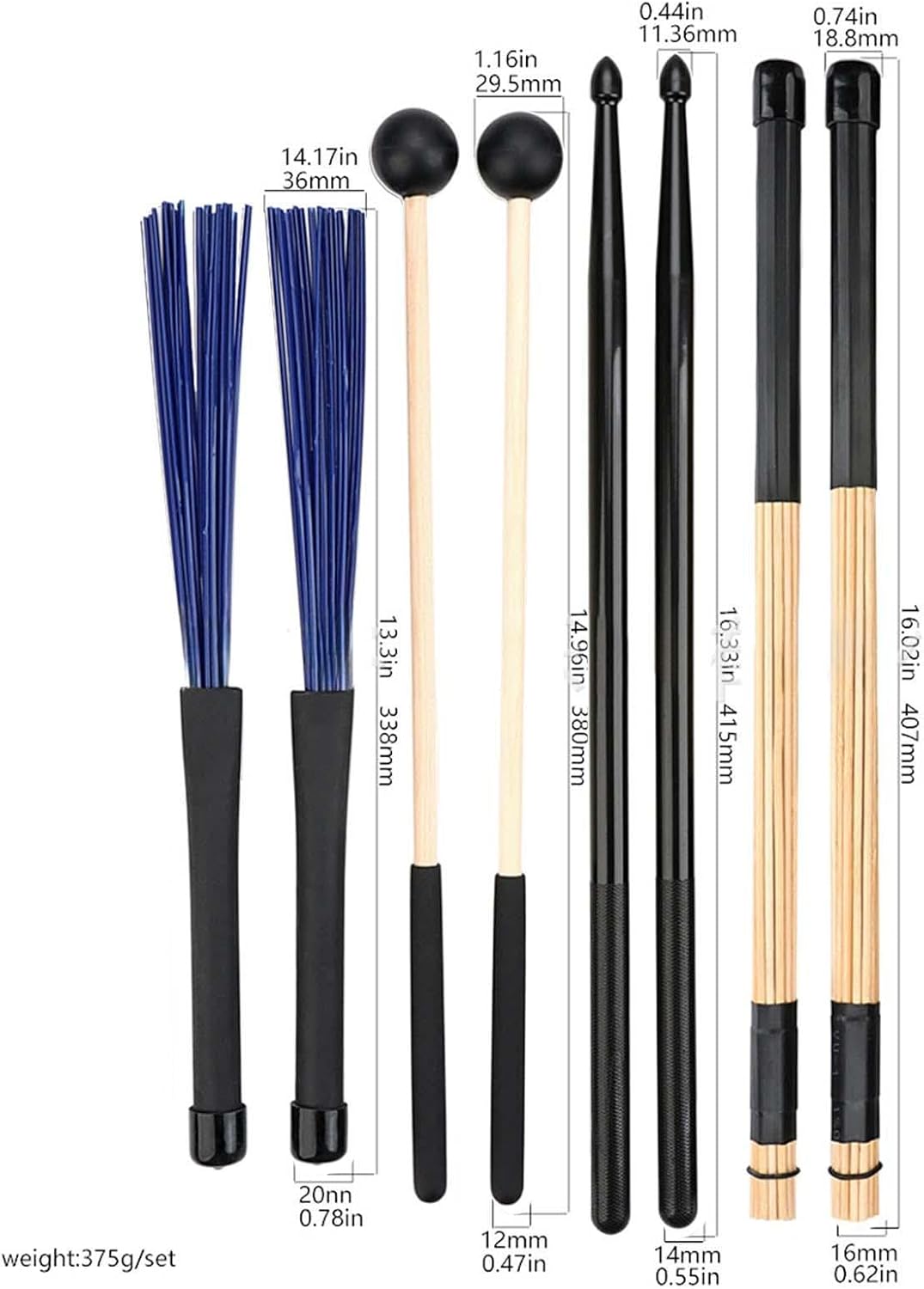 DYNWAVE Drum Sticks Mallets Brushes Set Anti Slip Music Lover Gifts Drumsticks Instrument Accessories for Acoustic Stage Performance