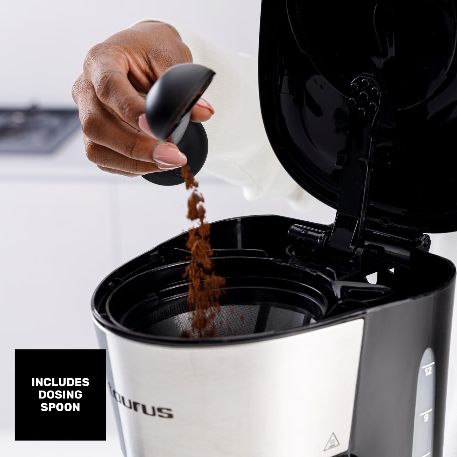 Taurus - Macchina Caffè Filtro Verona 12 | 1000W | 12 Tazze | Pure Coffee Technology | Filtro Riutilizzabile | Caraffa in Vetro | Finiture Acciaio Inox | Piastra Riscaldante | Spegnimento Automatico.