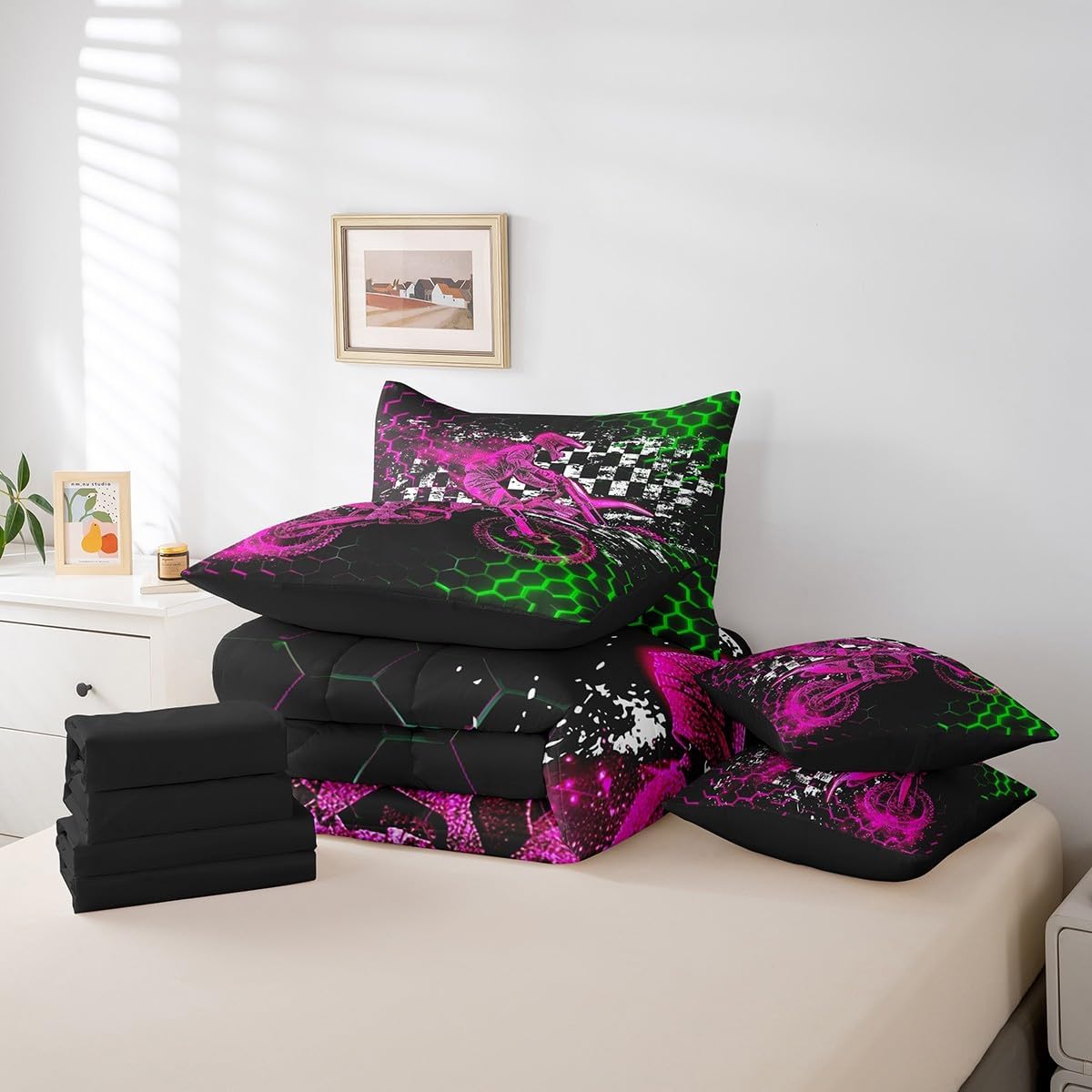 Feelyou Dirt Bike Comforter Set Twin Size 7 Pieces Comforters Extreme Sport Bedding Set Motocross Bed Set Bed in a Bag with Comforter, Sheets, Pillowcases & Cushion Covers
