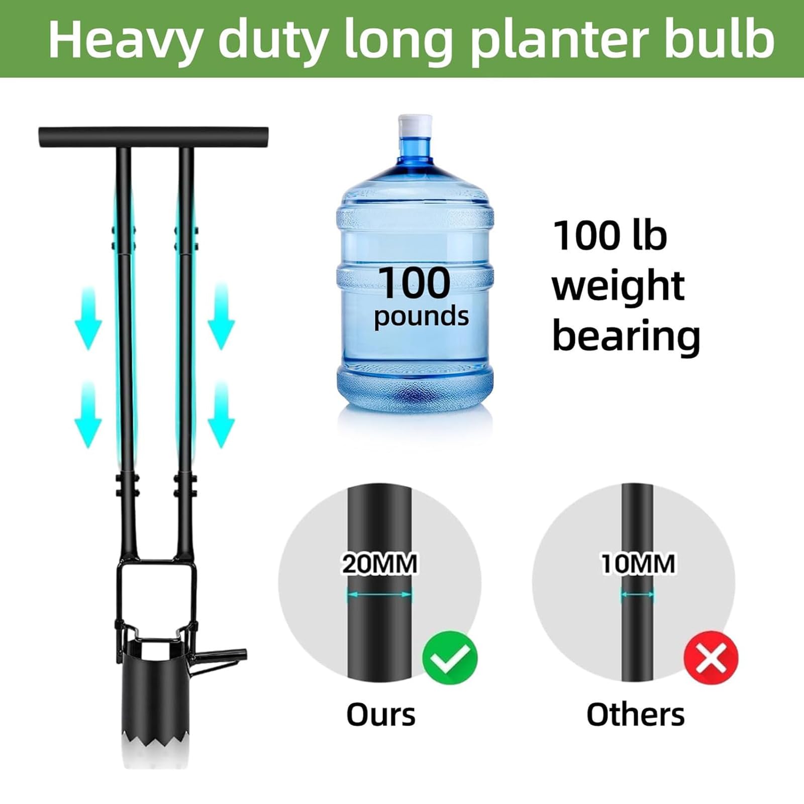 Plantador De Bulbos con Mango Largo, Trasplantador De Bulbos para Jardinería, Base Dentada, 100 Libras De Carga Y Un Tubo De Acero De 20 Mm De Diámetro, Robusto Y Ahorrador De Trabajo